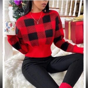 SHEIN Red and Black Plaid Women's Sweater Size S